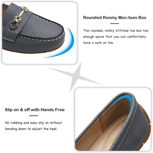 Kordal Women's Grey Leather Gold Accent Buckle Slip-Ons Walking Flats Loafers - Picture 5 of 9